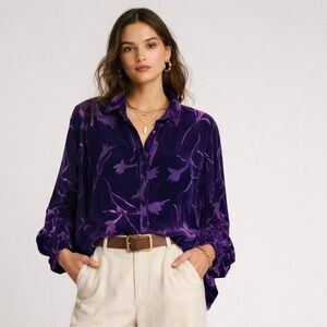 Mureli silk blend violet button up floral velvet burnout long sleeve top. XL